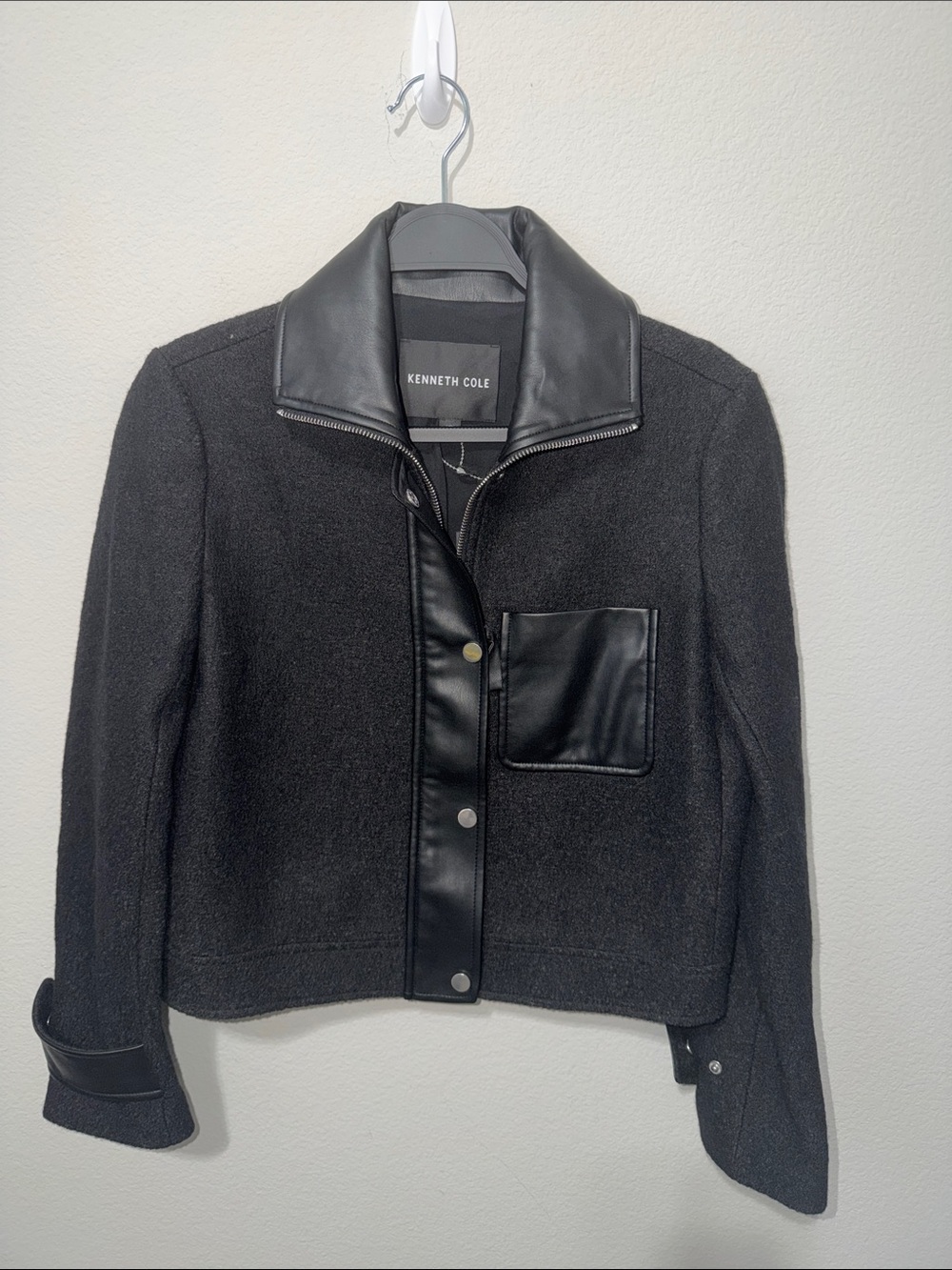 Kenneth Cole Black Wool-Blend Jacket with Faux Leather Trim